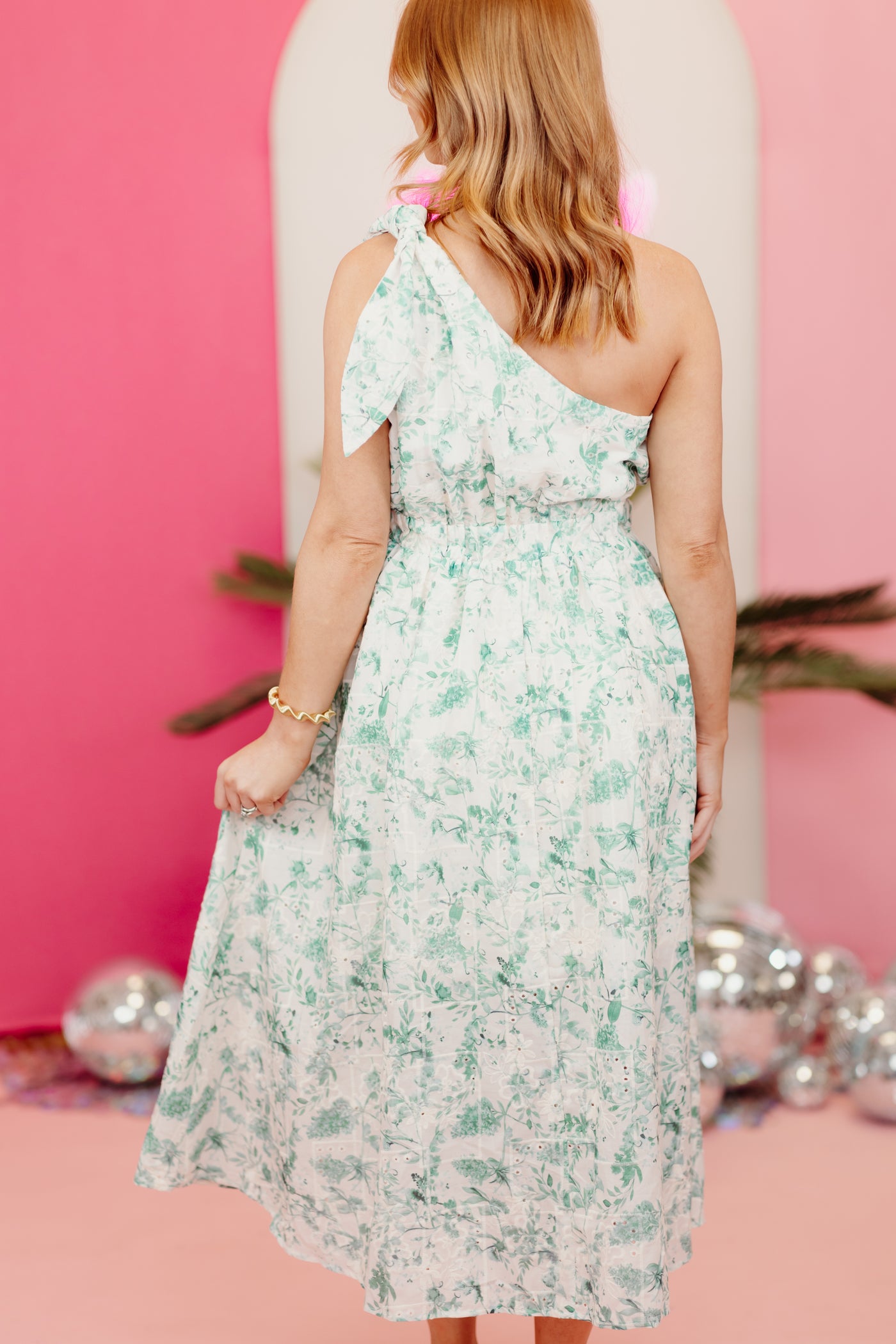 Green Floral Eyelet One Shoulder Midi Dress