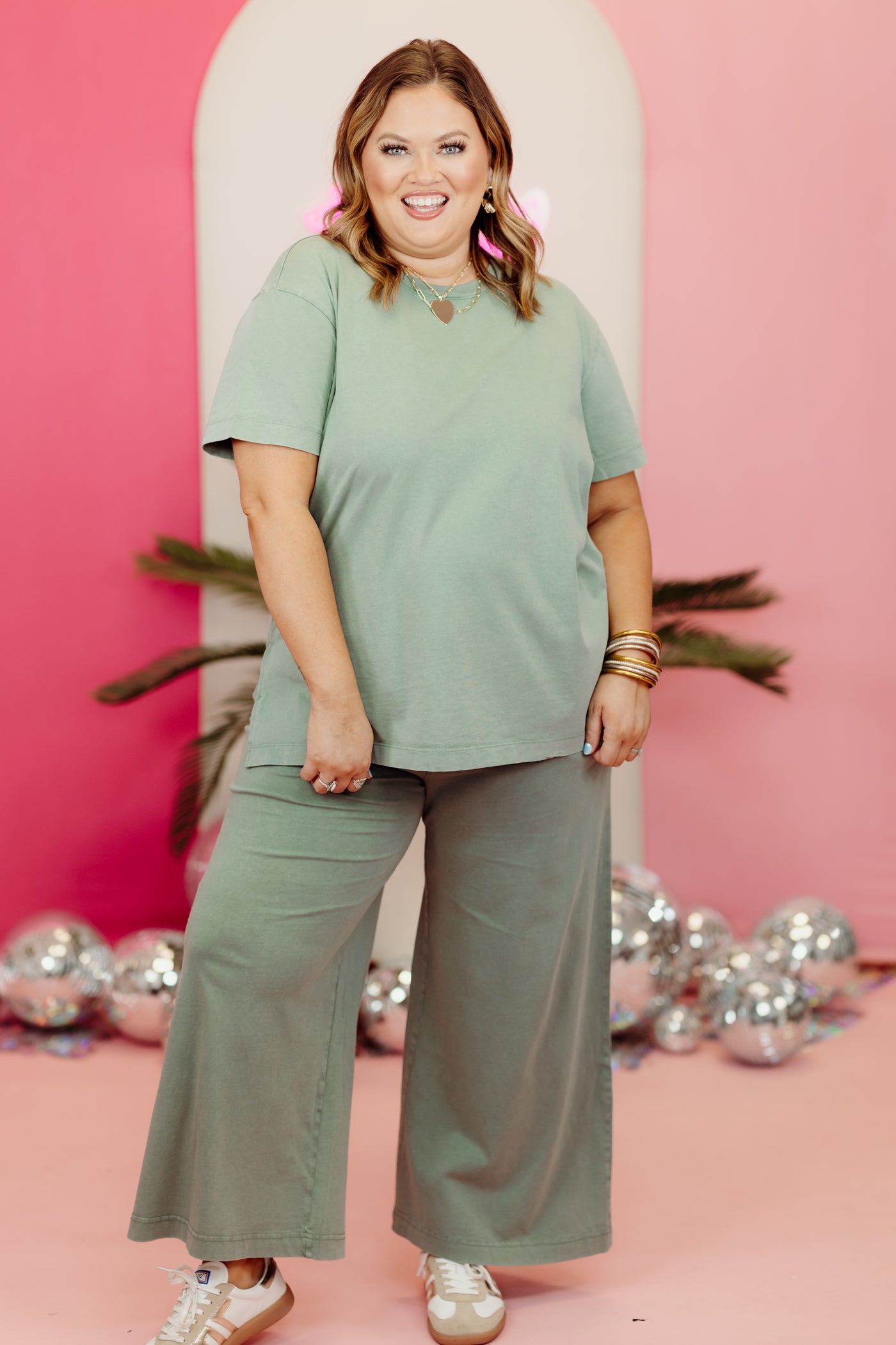 Z Supply Shayla Crew Neck Top and Jersey Pant Set in Palm Green