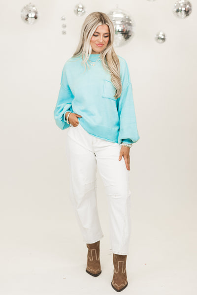 Baby Blue Balloon Sleeve Round Neck Cropped Sweater