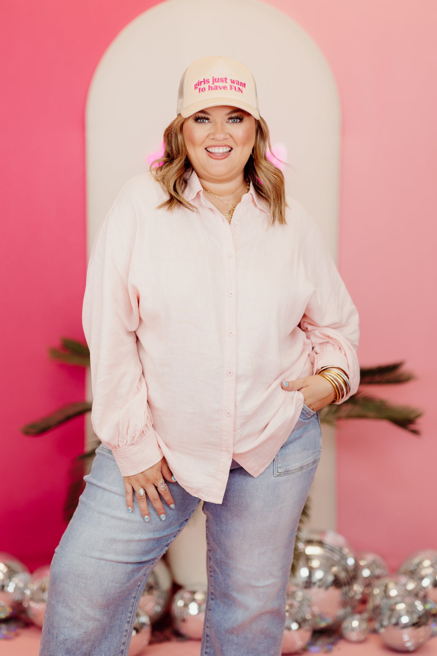 Soft Pink Balloon Sleeve Button Down Linen Top