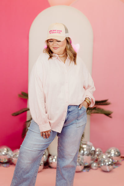 Soft Pink Balloon Sleeve Button Down Linen Top