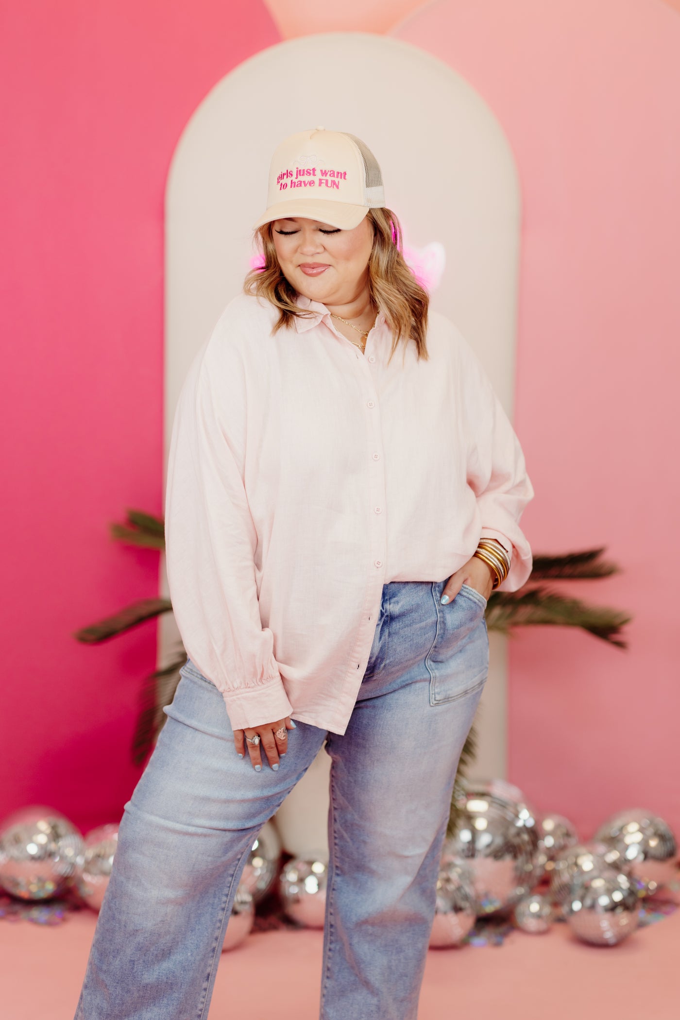 Soft Pink Balloon Sleeve Button Down Linen Top