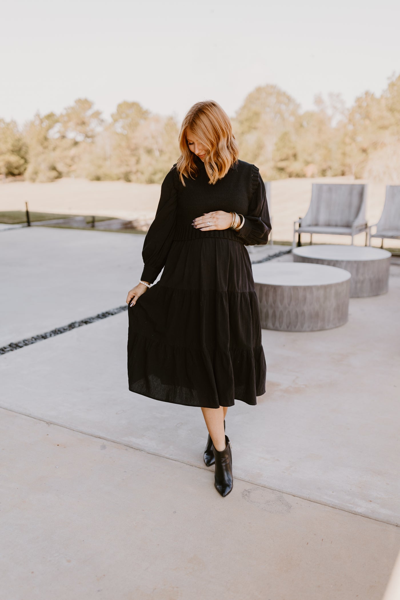 Black Sweater Vest and Tiered Midi Dress Set