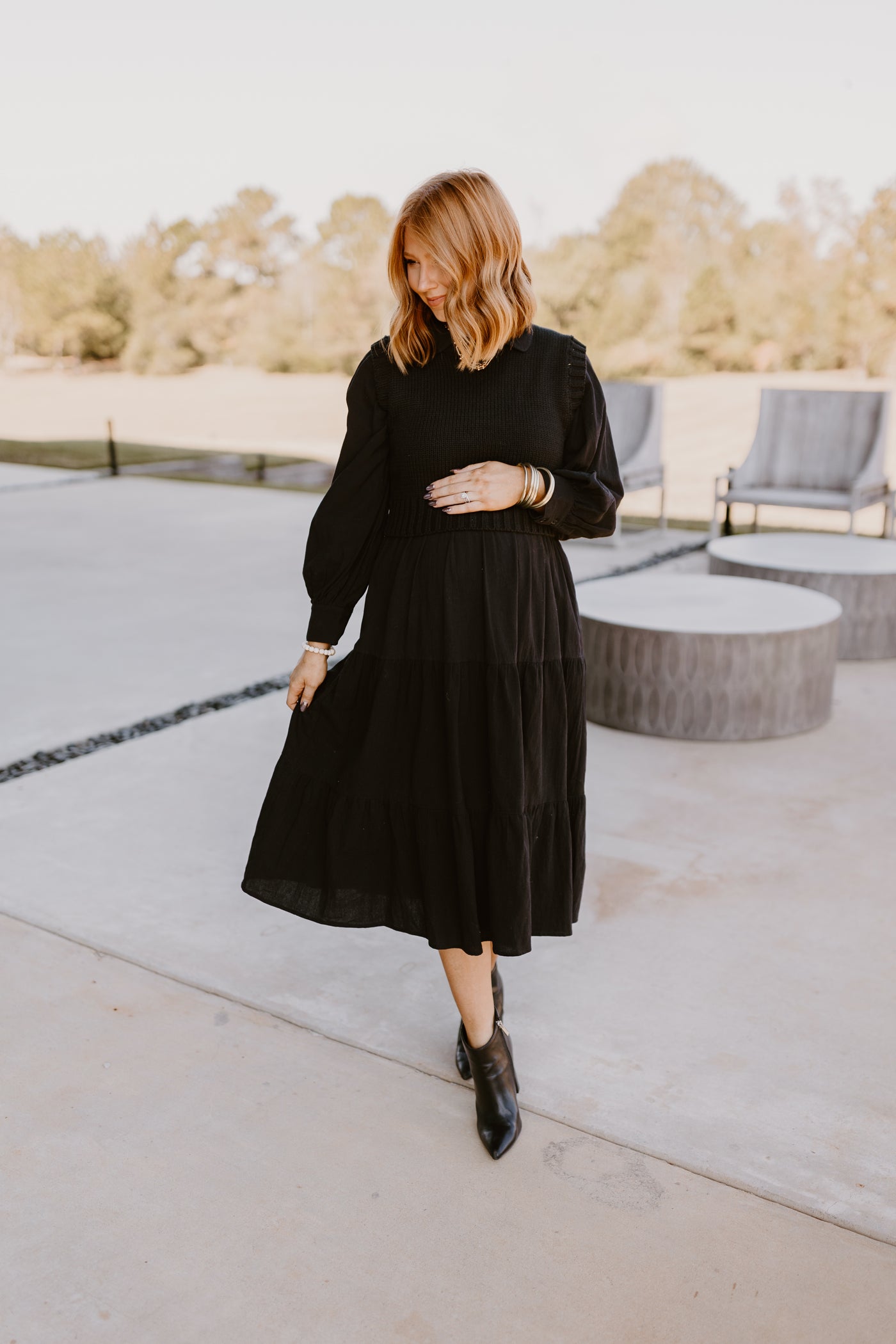 Black Sweater Vest and Tiered Midi Dress Set