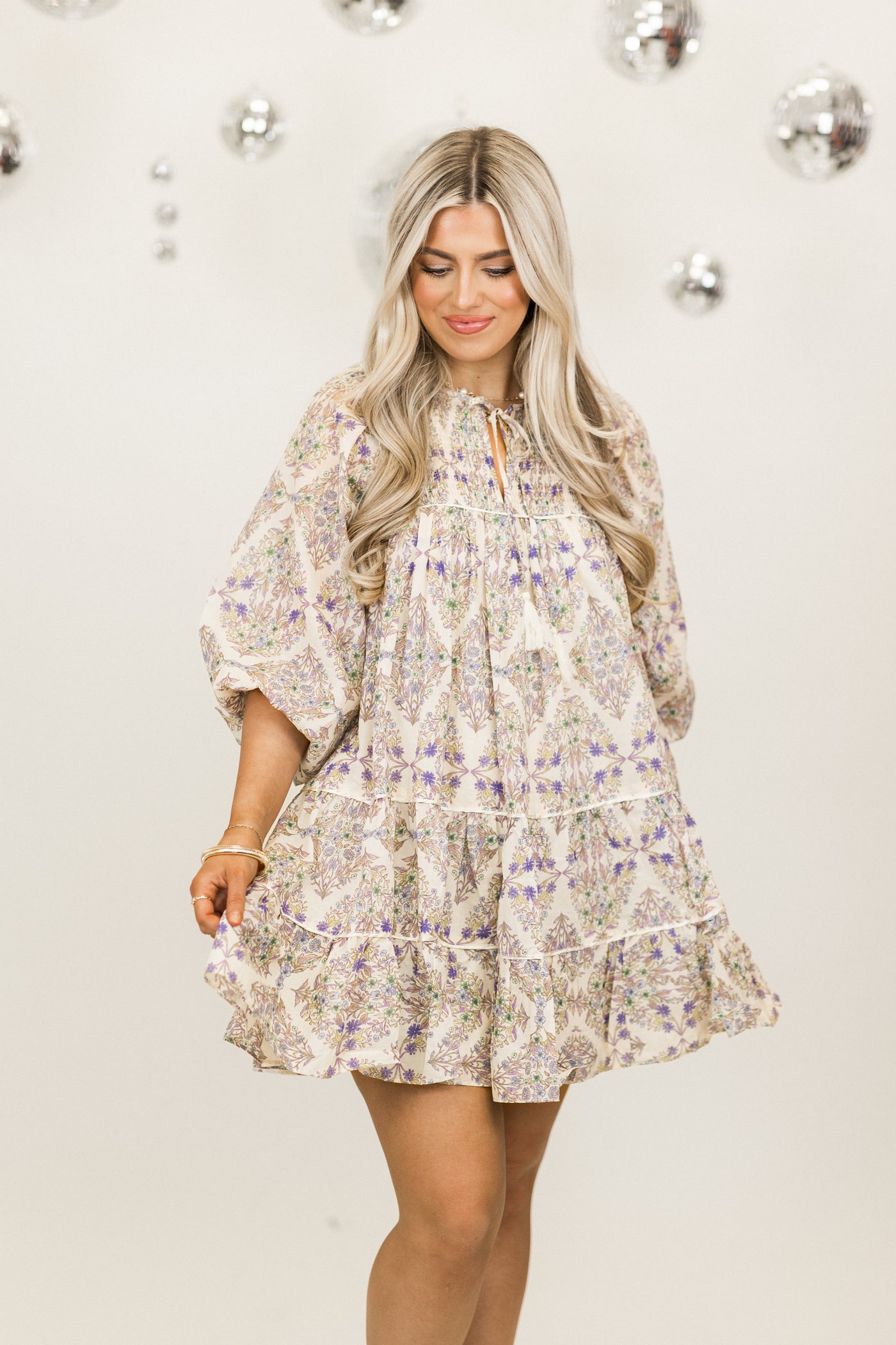 Karlie Sand Boho Floral Tiered Balloon Sleeve Dress