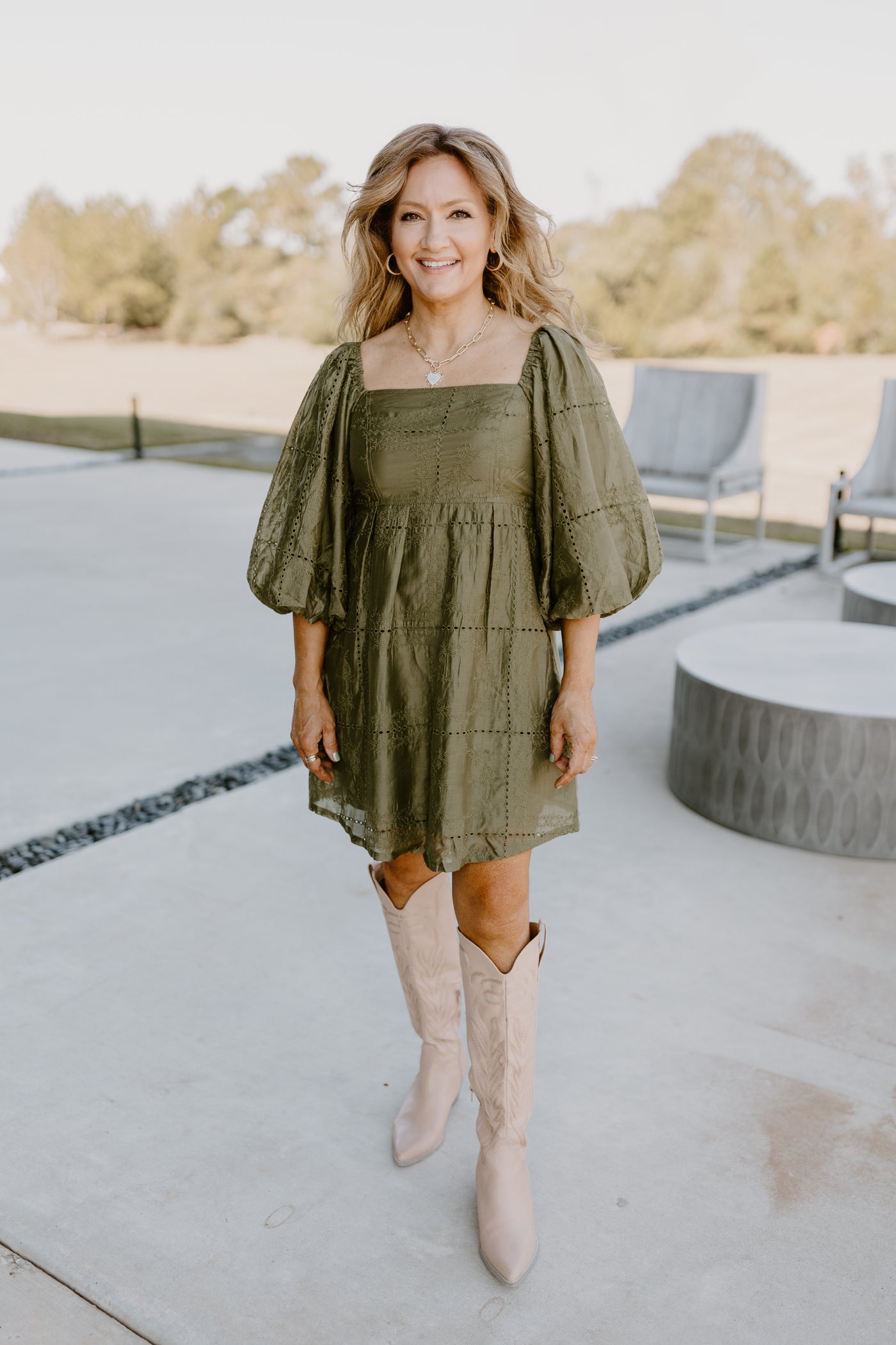 Olive Eyelet Square Neck Puff Sleeve Dress