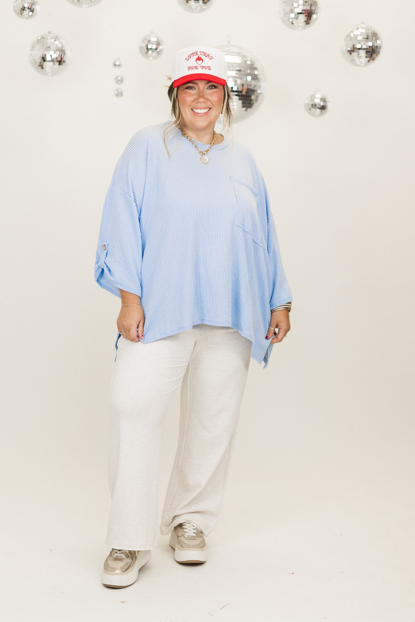 Powder Blue Oversized Button Sleeve Pocket Top