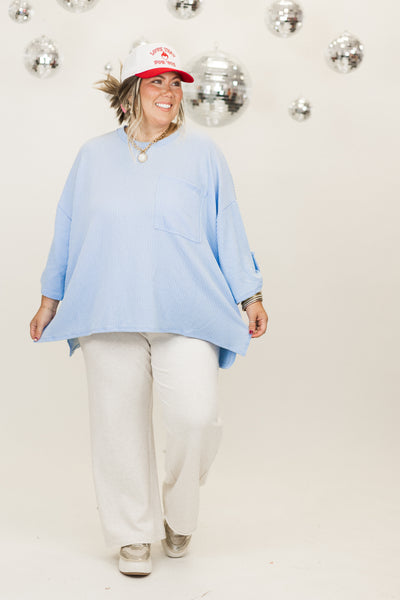 Powder Blue Oversized Button Sleeve Pocket Top