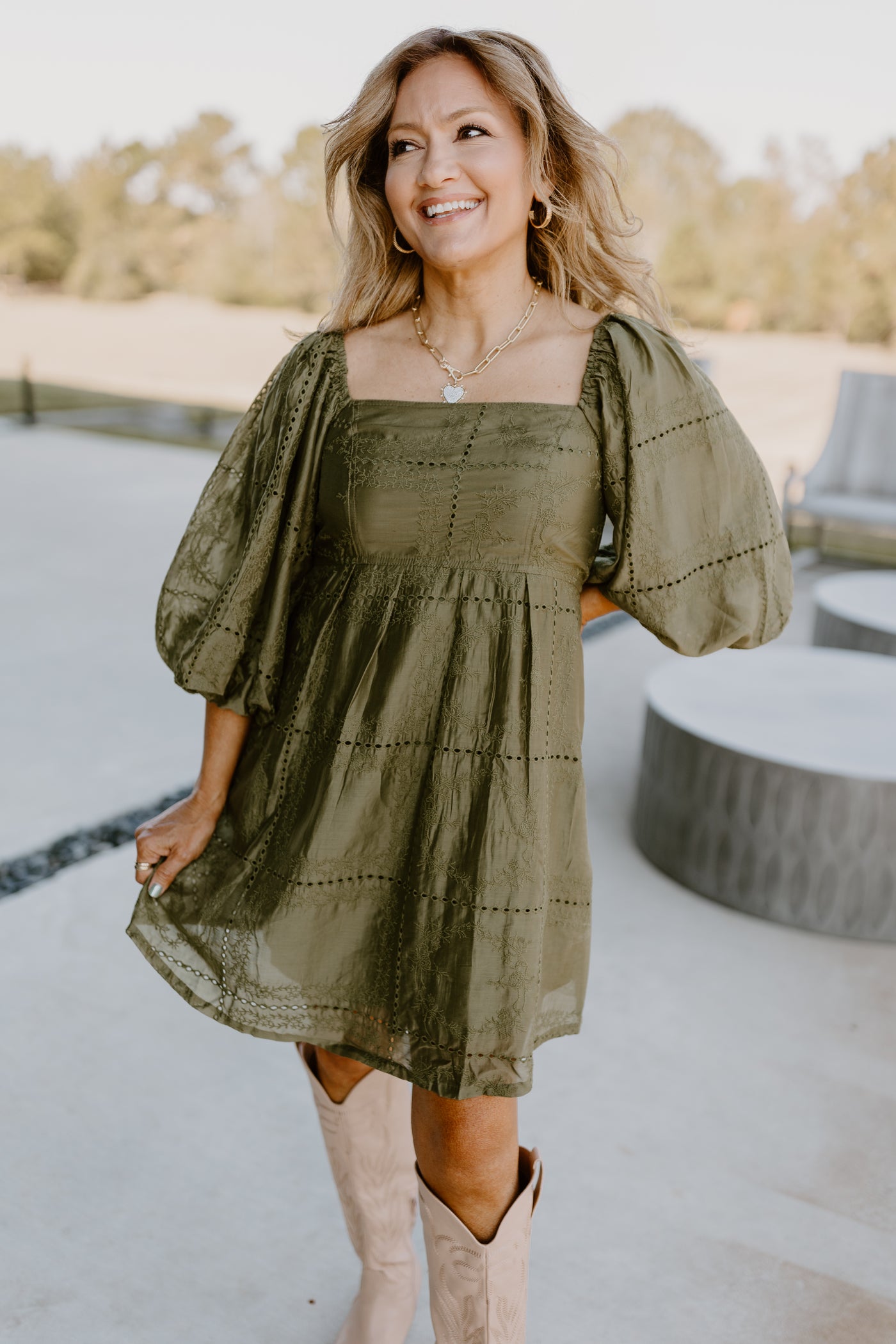 Olive Eyelet Square Neck Puff Sleeve Dress