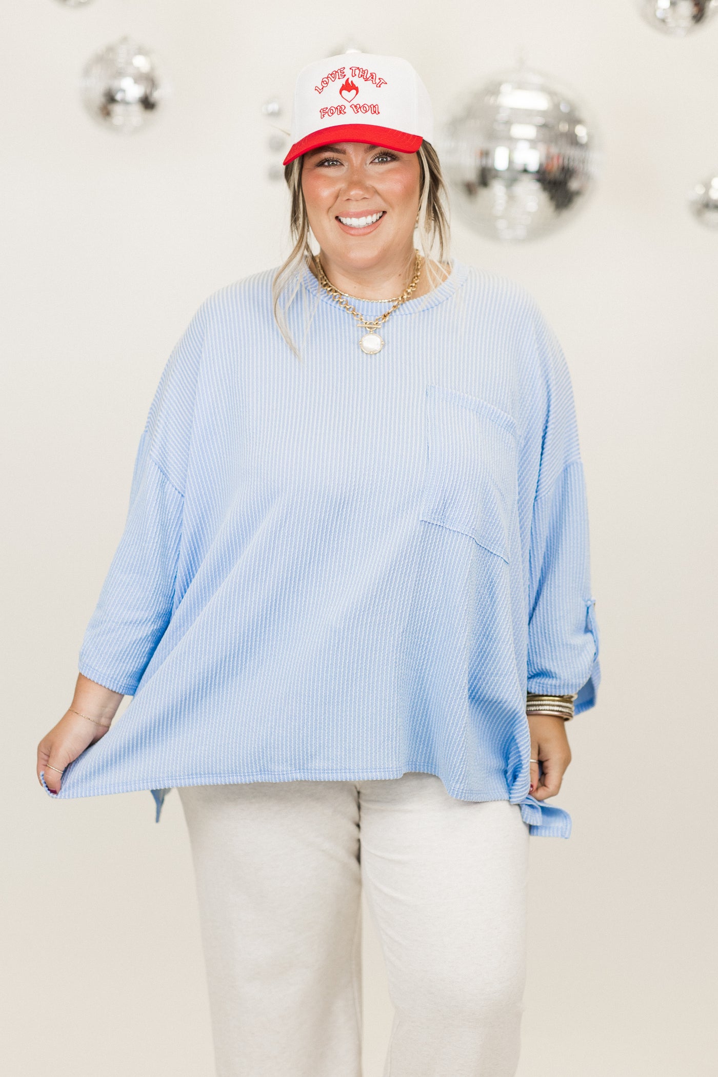 Powder Blue Oversized Button Sleeve Pocket Top