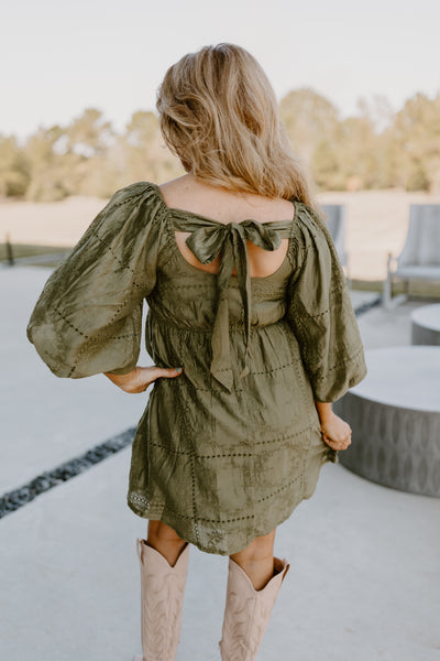 Olive Eyelet Square Neck Puff Sleeve Dress