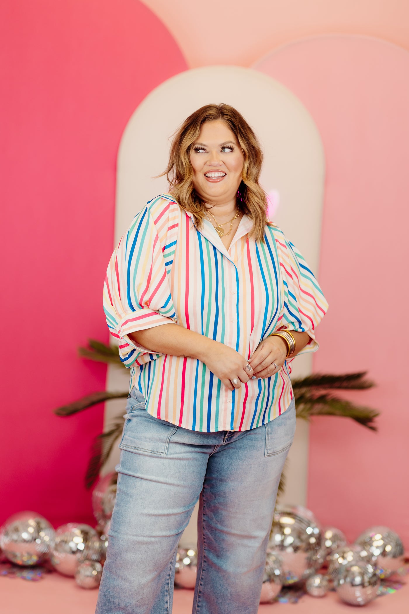 Multicolor Striped Drape Sleeve Button Down