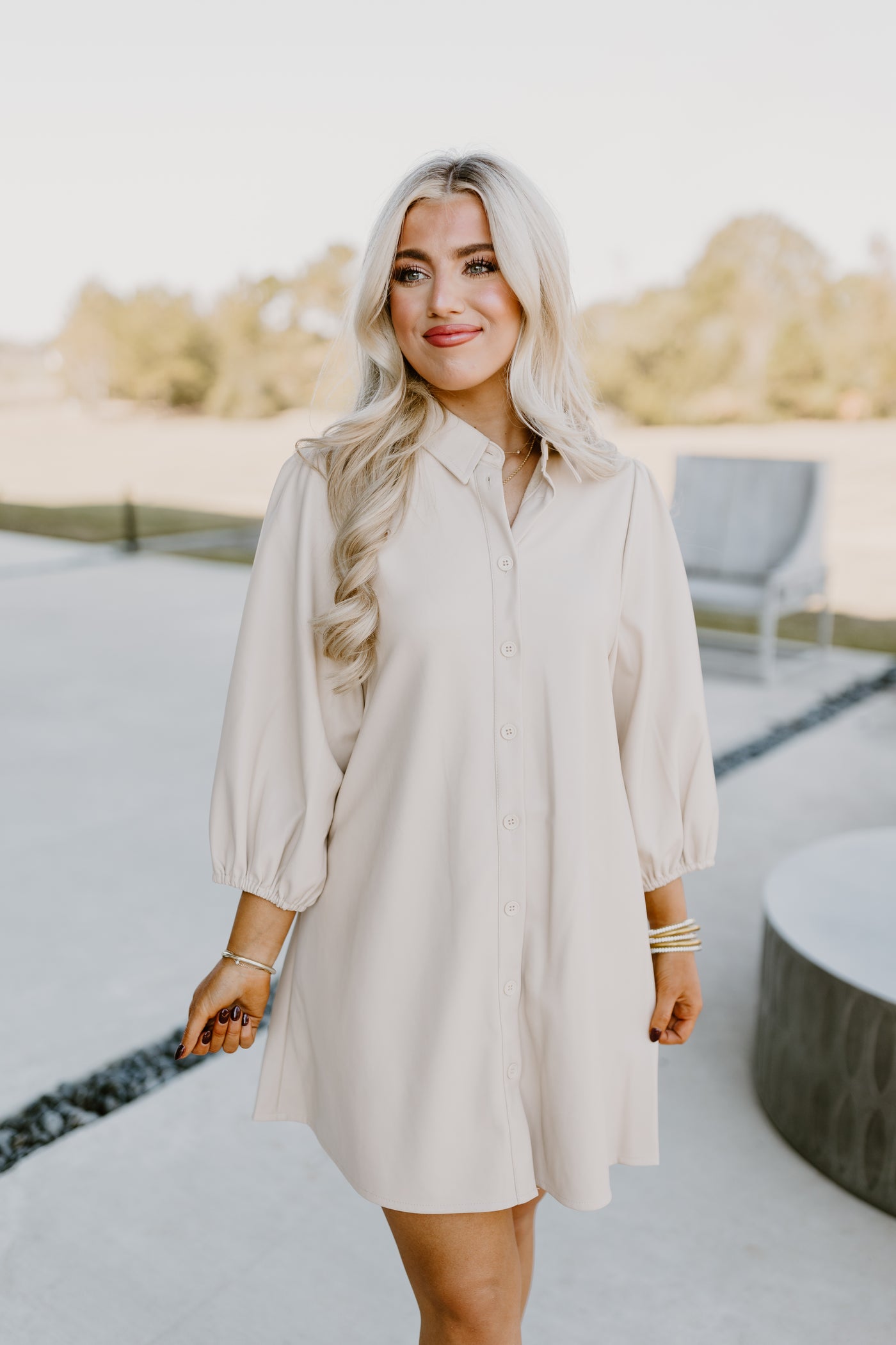 Dolce Cabo Creme Classic Faux Leather Dress with Puff Sleeves