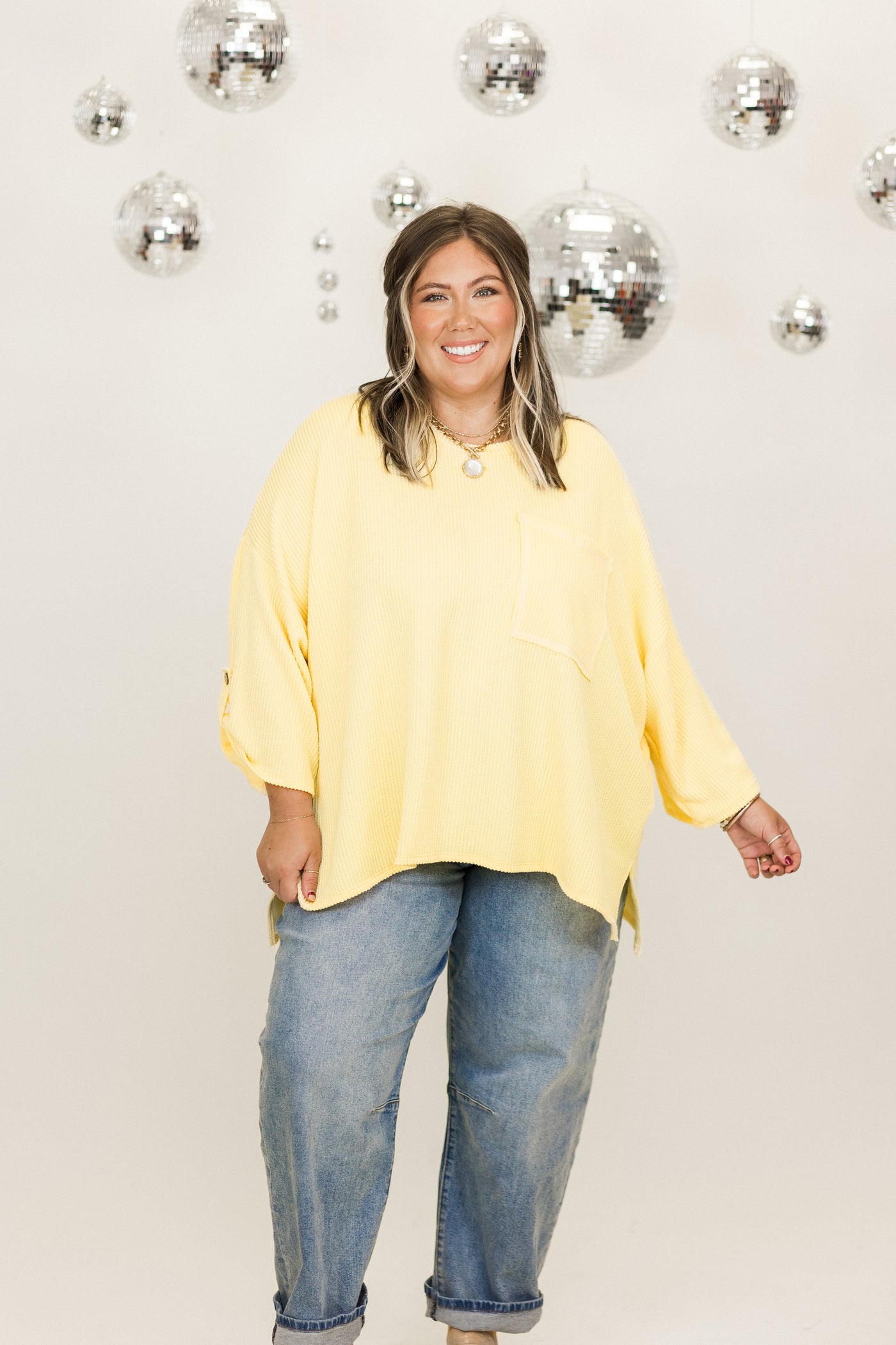 Lemon Oversized Button Sleeve Pocket Top