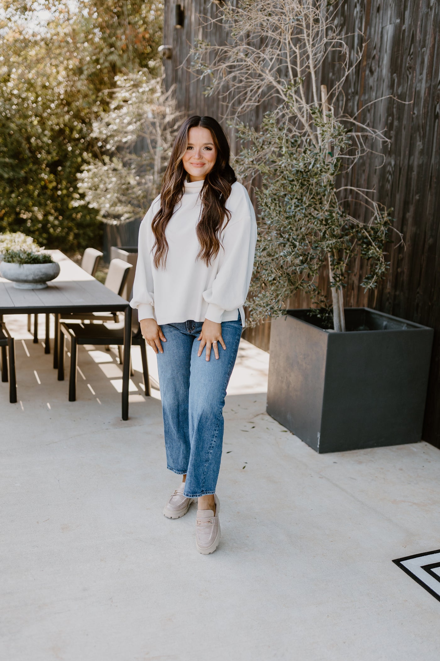 Ivory Mock Neck Balloon Sleeve Knit Top