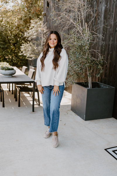 Ivory Mock Neck Balloon Sleeve Knit Top