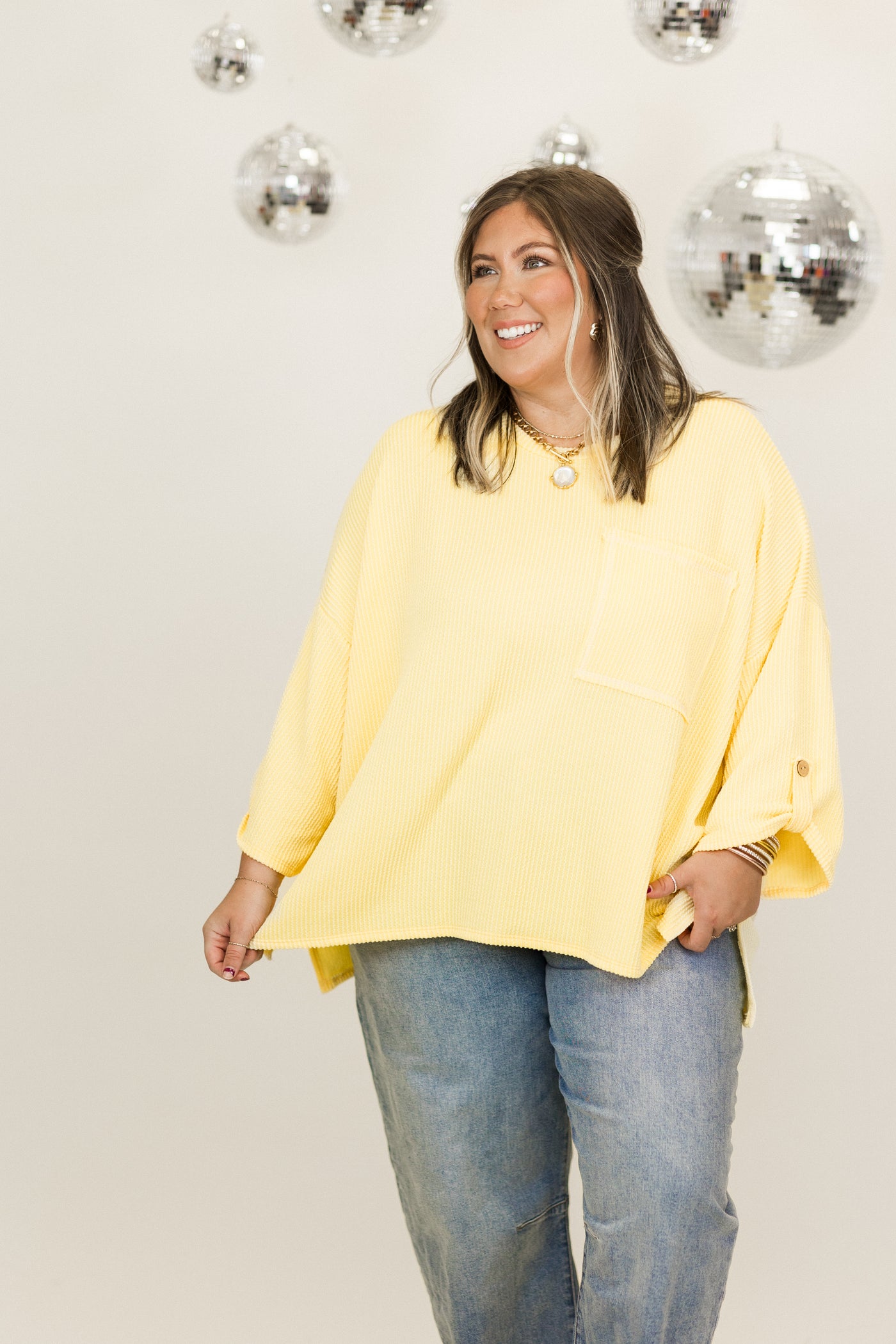 Lemon Oversized Button Sleeve Pocket Top