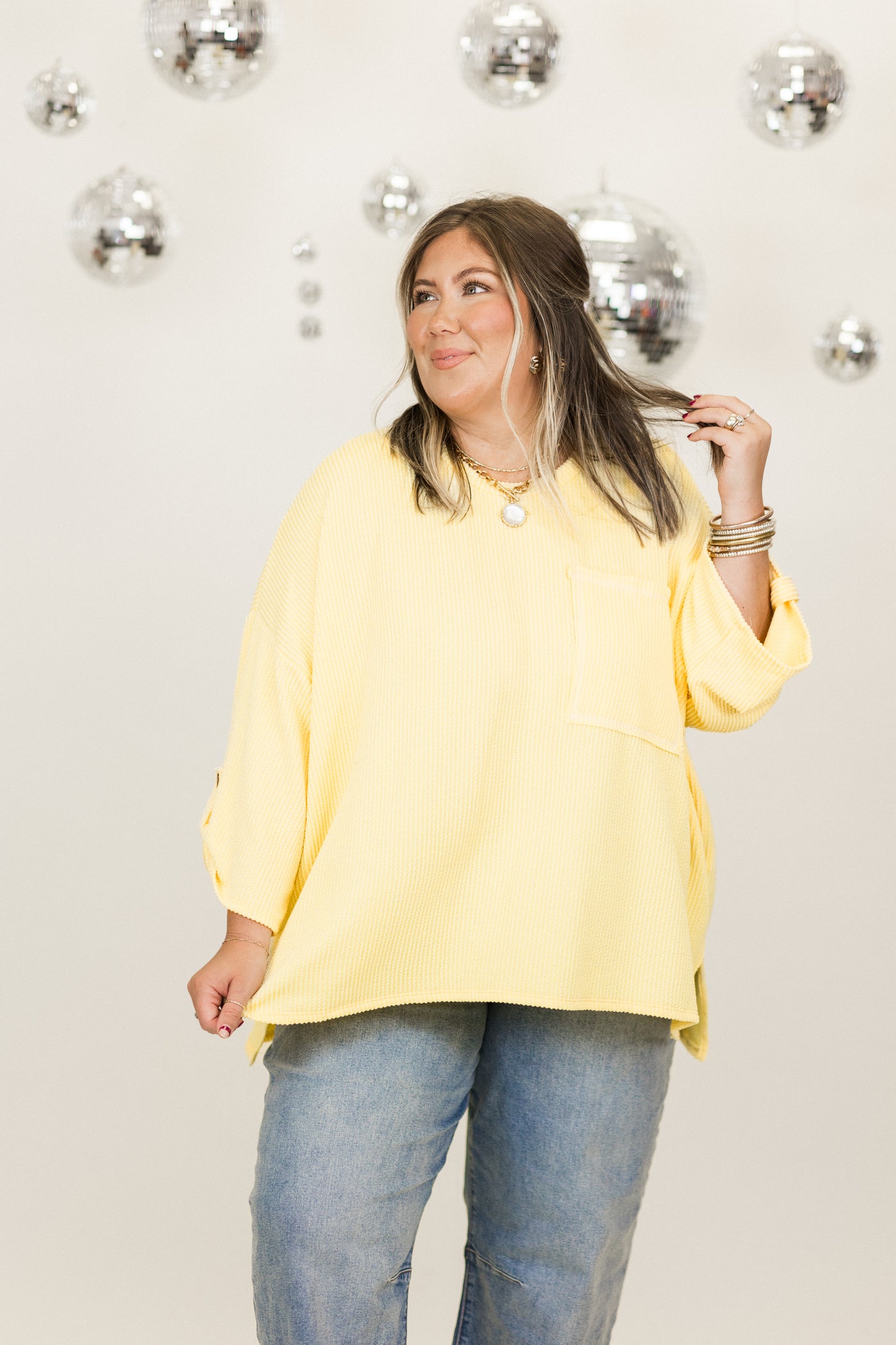 Lemon Oversized Button Sleeve Pocket Top