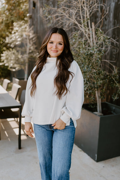 Ivory Mock Neck Balloon Sleeve Knit Top