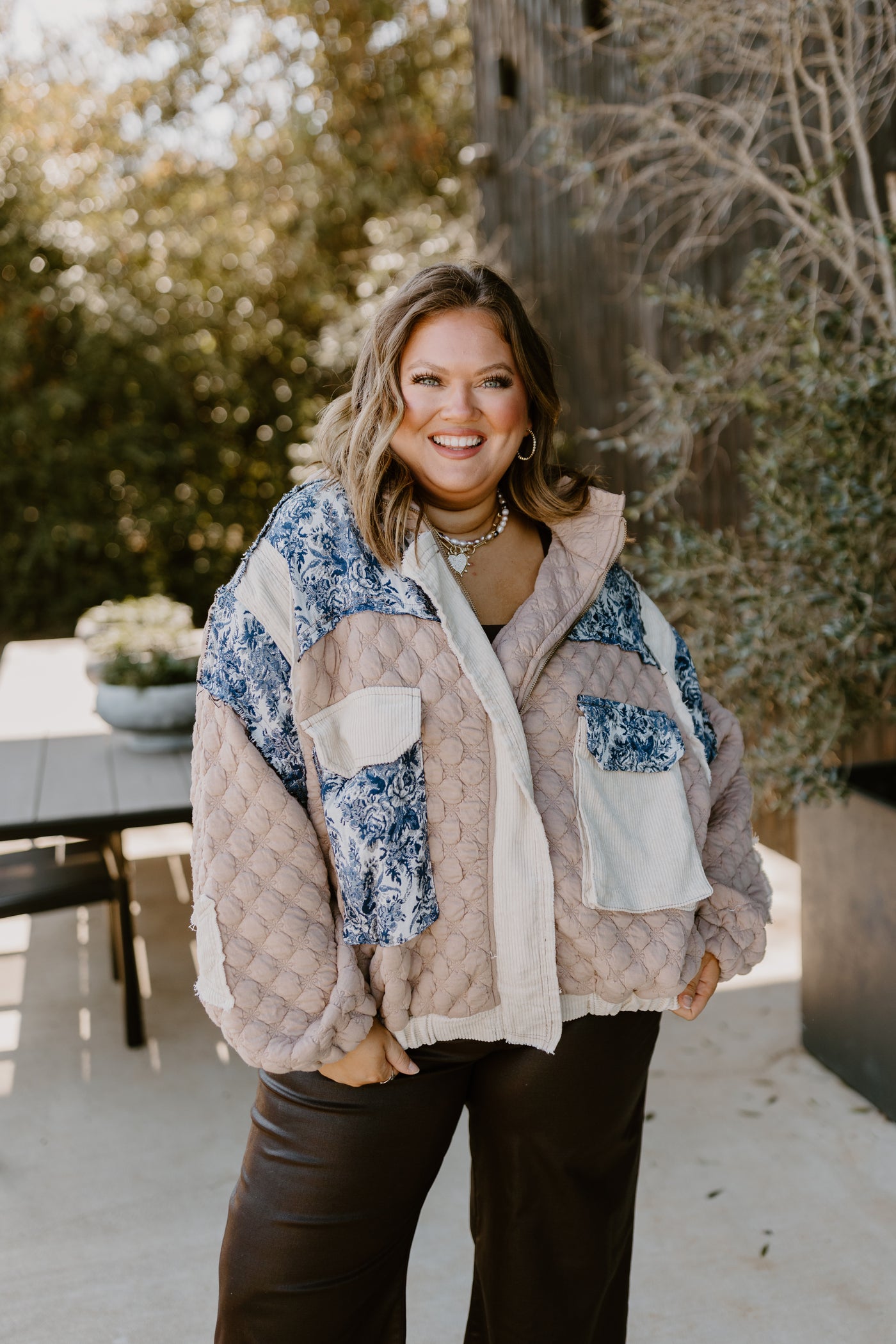 Tan Multi Oversized Floral Contrast Quilted Jacket