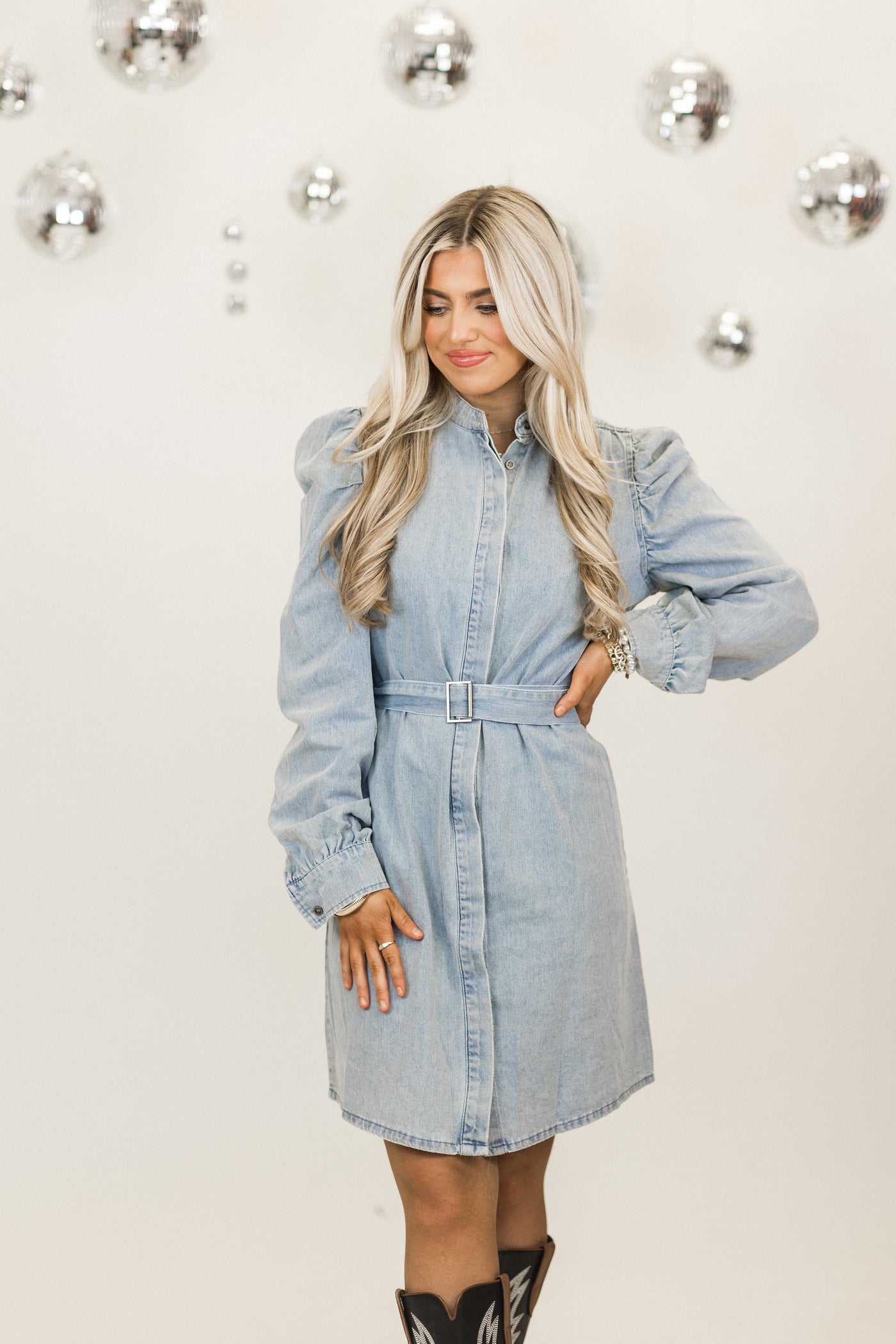 Karlie Blue Denim Puff Sleeve Belted Dress