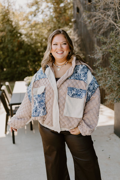 Tan Multi Oversized Floral Contrast Quilted Jacket