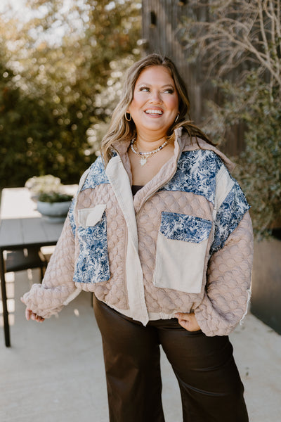 Tan Multi Oversized Floral Contrast Quilted Jacket