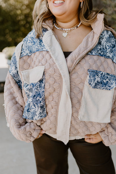 Tan Multi Oversized Floral Contrast Quilted Jacket