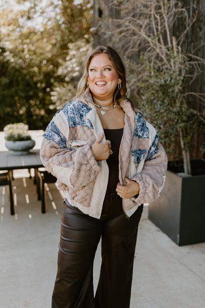 Tan Multi Oversized Floral Contrast Quilted Jacket