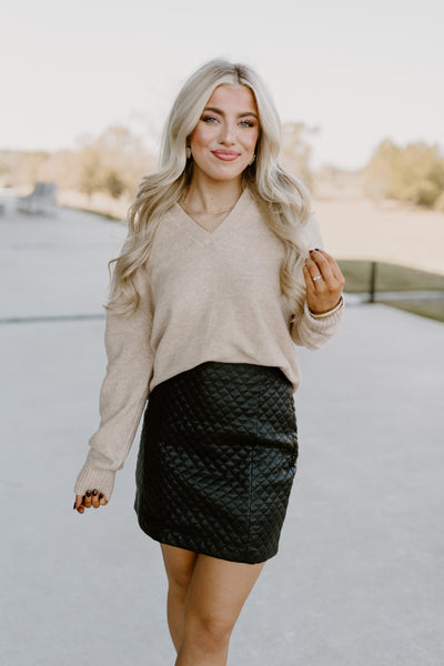 Taupe Collared V-Neck Cropped Sweater