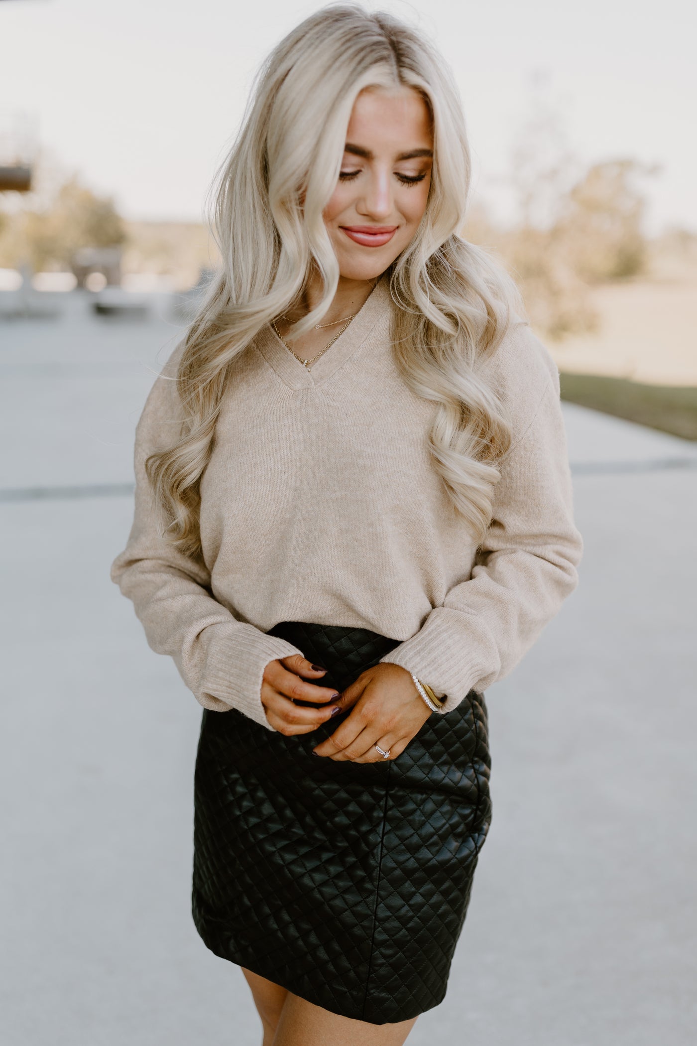 Taupe Collared V-Neck Cropped Sweater