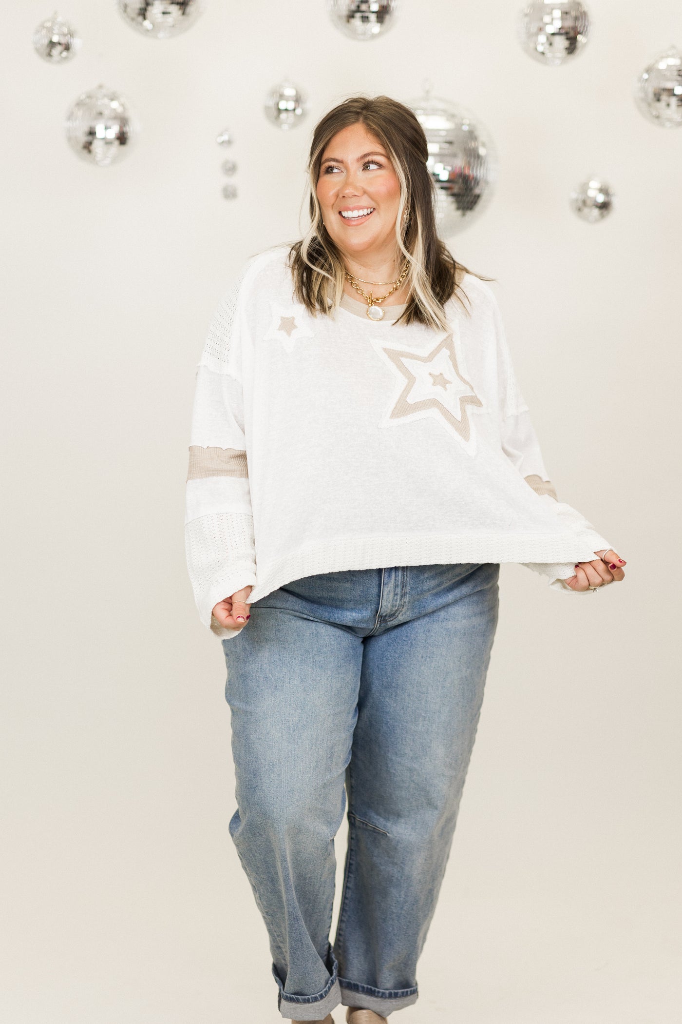 Ivory Multi Star Patch Long Sleeve Top