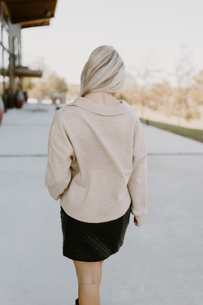 Taupe Collared V-Neck Cropped Sweater