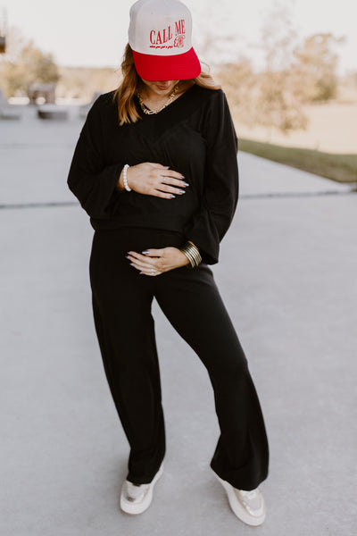 Black V-Neck Brushed Pullover and Pant Set