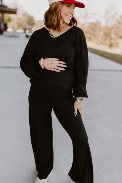 Black V-Neck Brushed Pullover and Pant Set