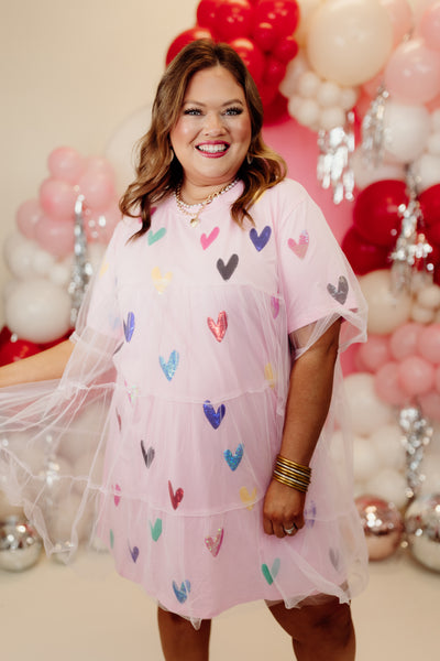 Queen Of Sparkles Light Pink Multi Heart Mesh Overlay Dress