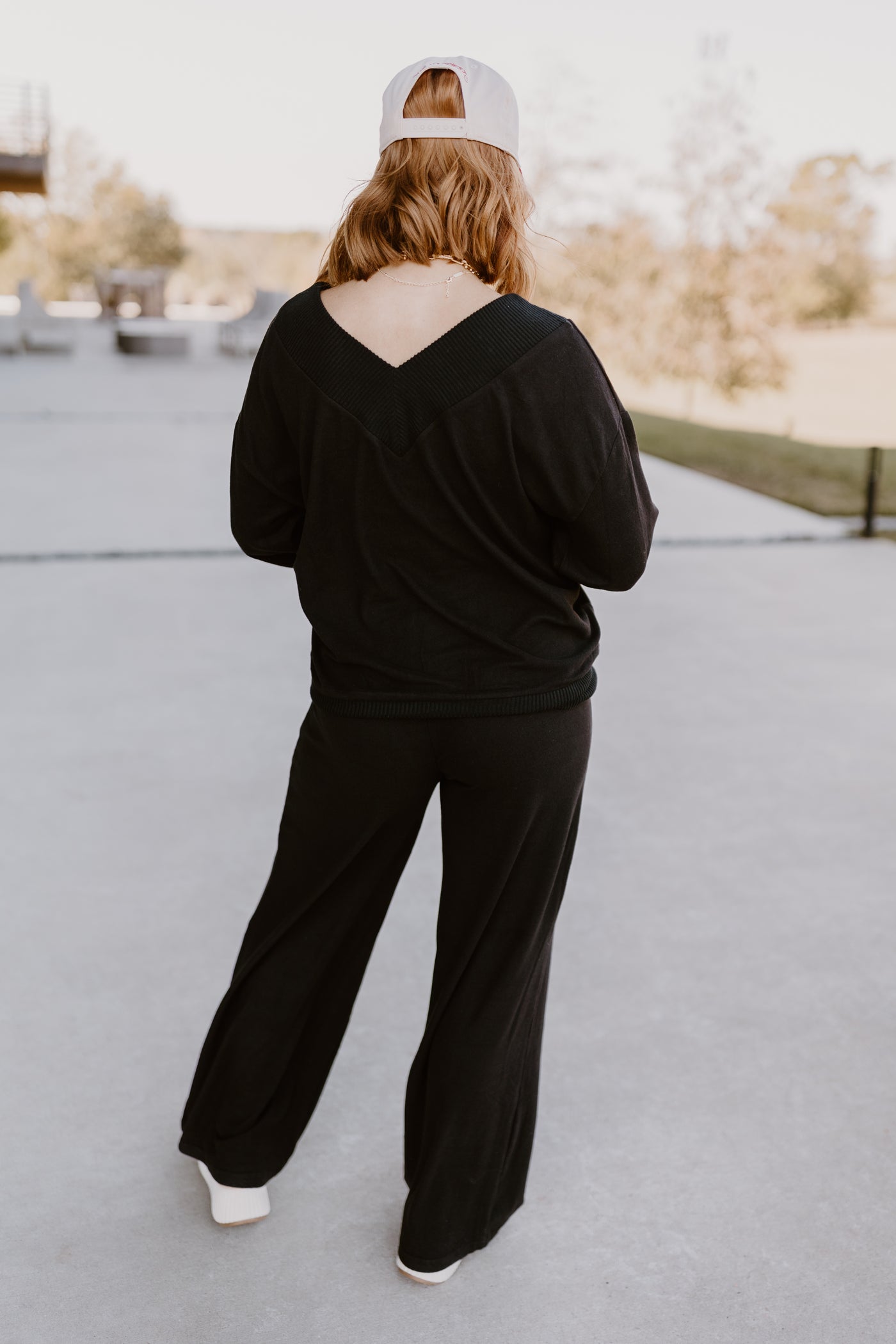 Black V-Neck Brushed Pullover and Pant Set