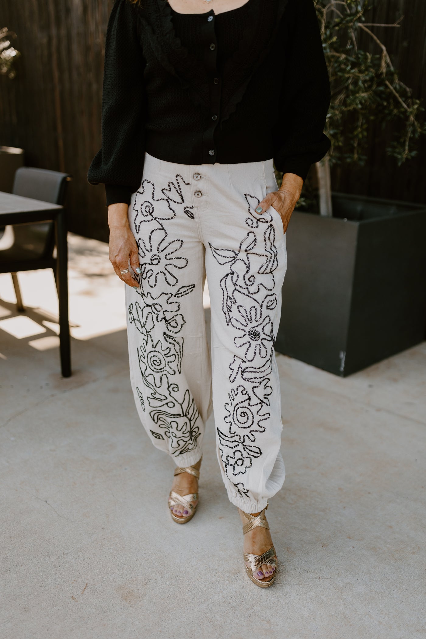 Oatmilk Floral Embroidered Oversized Pants