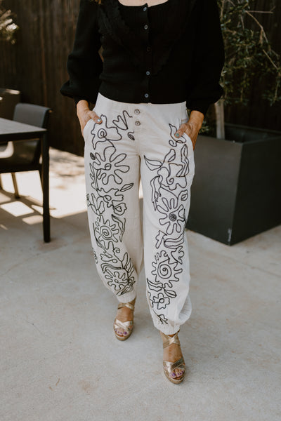 Oatmilk Floral Embroidered Oversized Pants