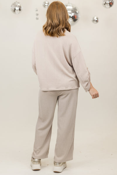 Taupe Oversized Long Sleeve Top and Wide Leg Pant Set