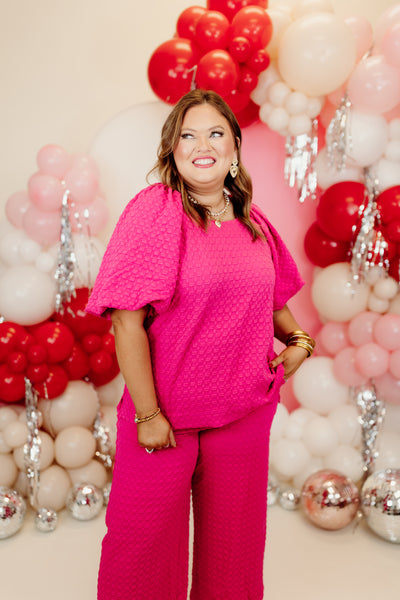 Hot Pink Textured Puff Sleeve Top and Pant Set