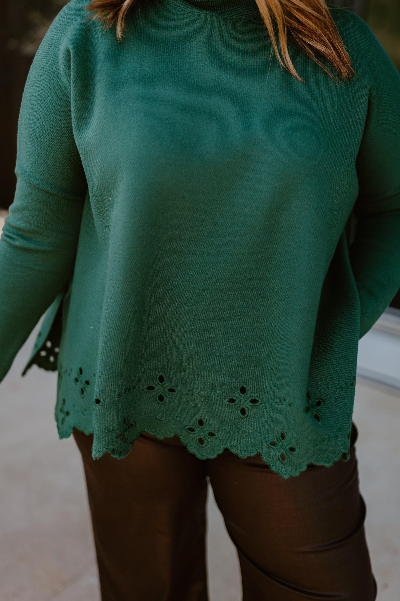 Hunter Green Mock Neck Embroidered Detail Sweater