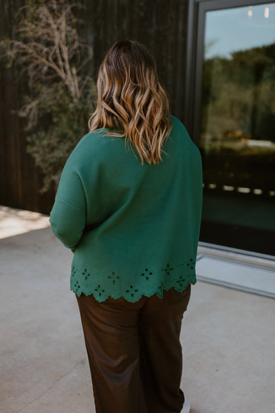 Hunter Green Mock Neck Embroidered Detail Sweater