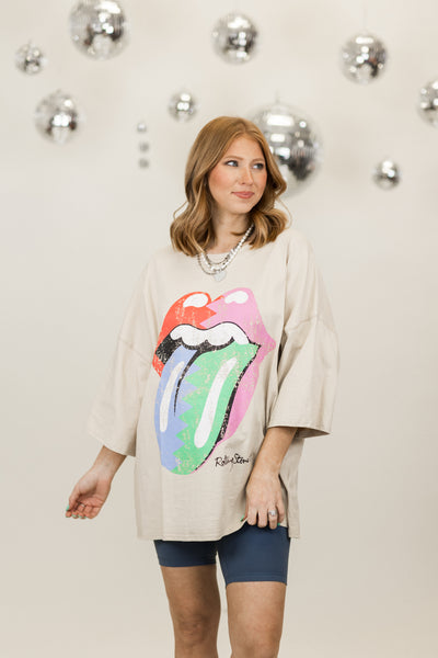 Beige Multi Tongue Rolling Stones Short Sleeve Graphic Tee