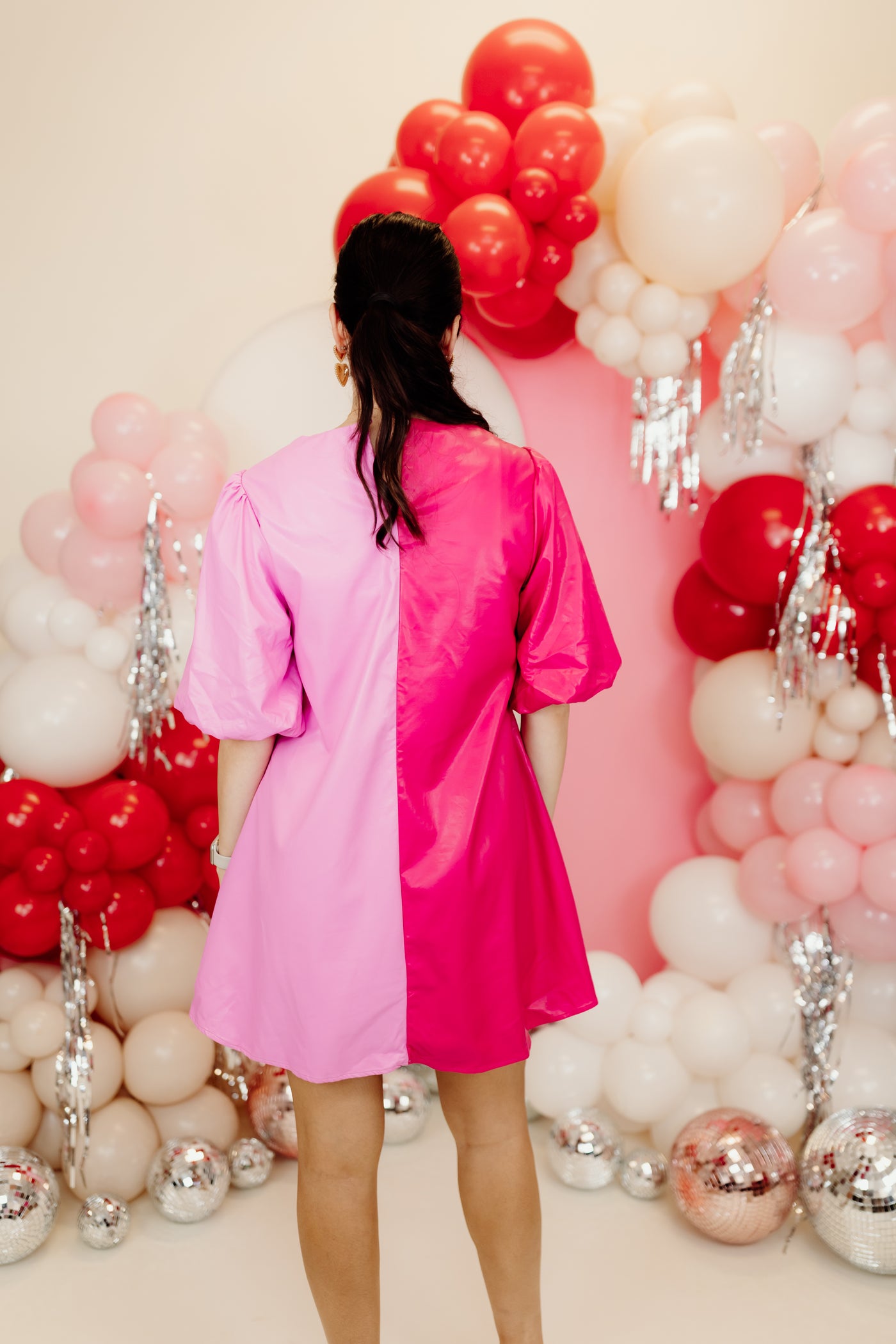 Pink Colorblock Faux Leather Puff Sleeve Dress