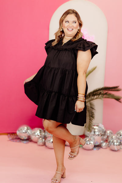 Black Poplin Ruffle Tiered Mini Dress