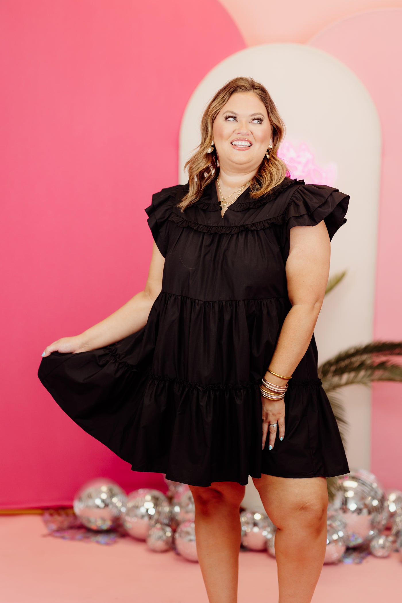 Black Poplin Ruffle Tiered Mini Dress