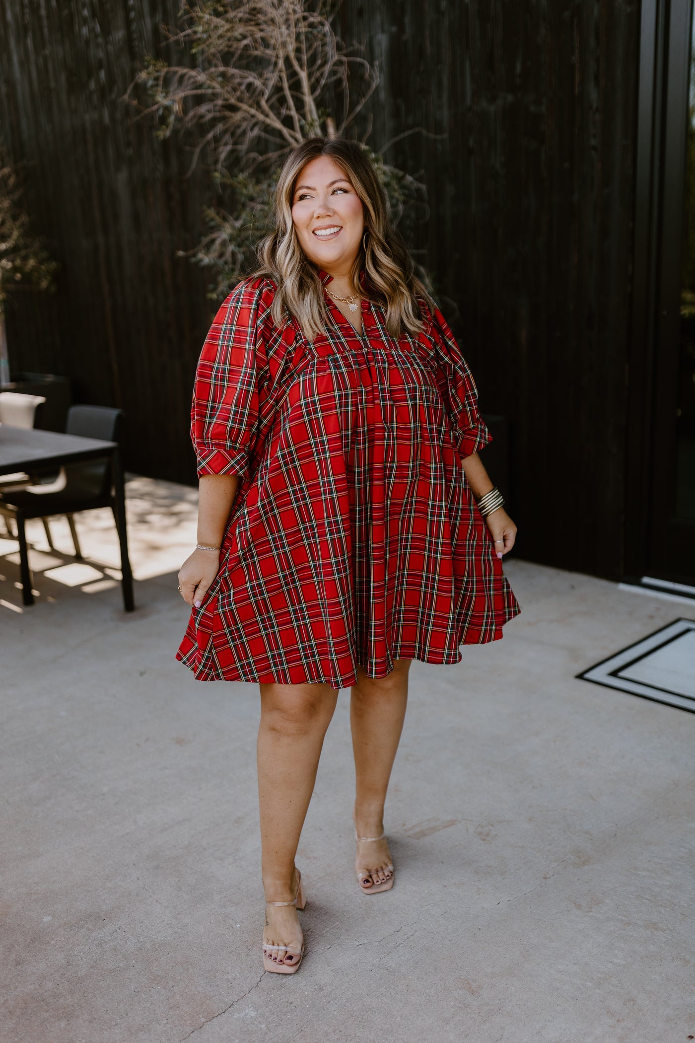 Red Plaid V-Neck Puff Sleeve Mini Dress