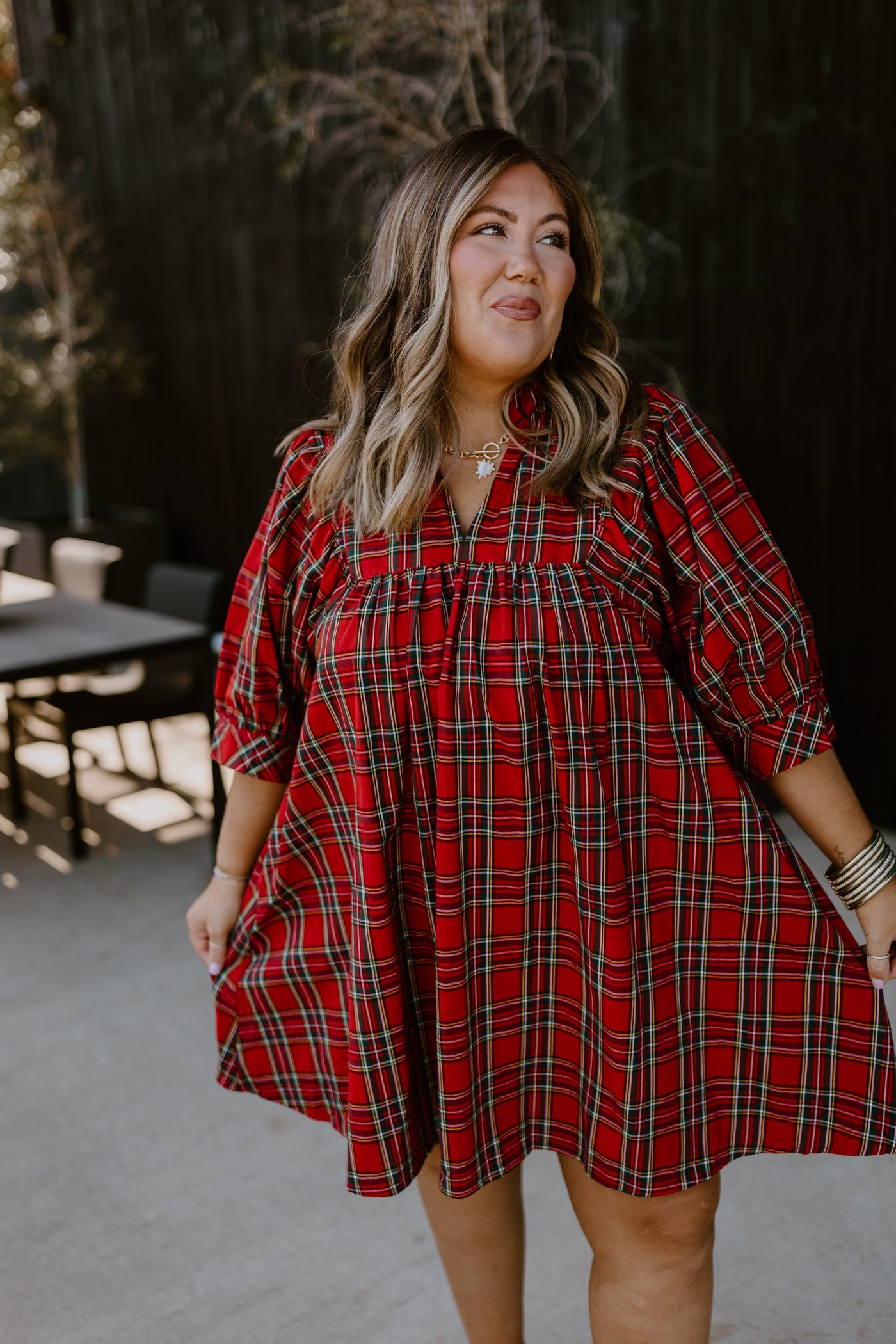 Red Plaid V-Neck Puff Sleeve Mini Dress