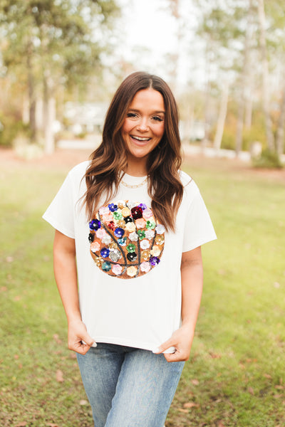 Queen Of Sparkles White Rainbow Flower Basketball Tee